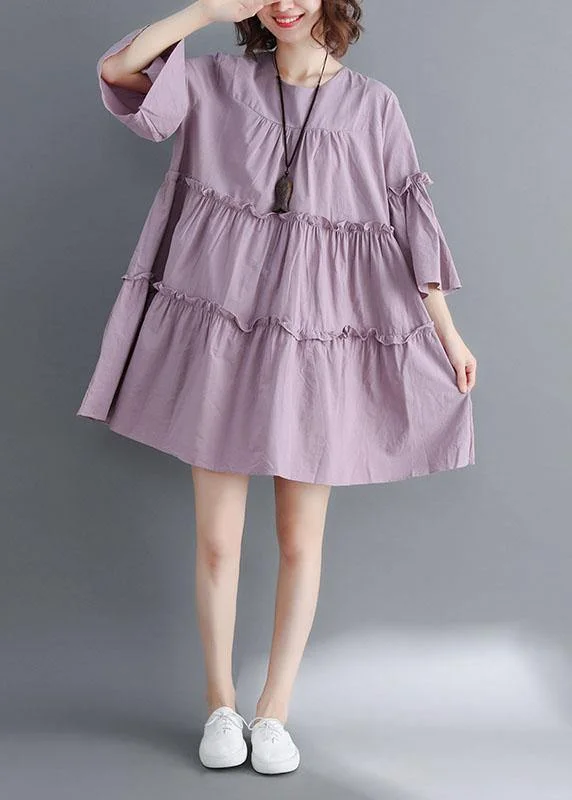 Simple Light Purple O-Neck Tiered Cotton Summer Dress