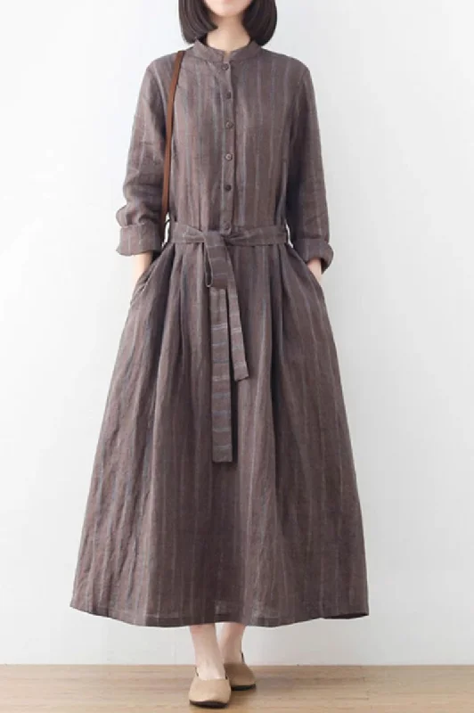 striple long sleeves linen dress women 4828