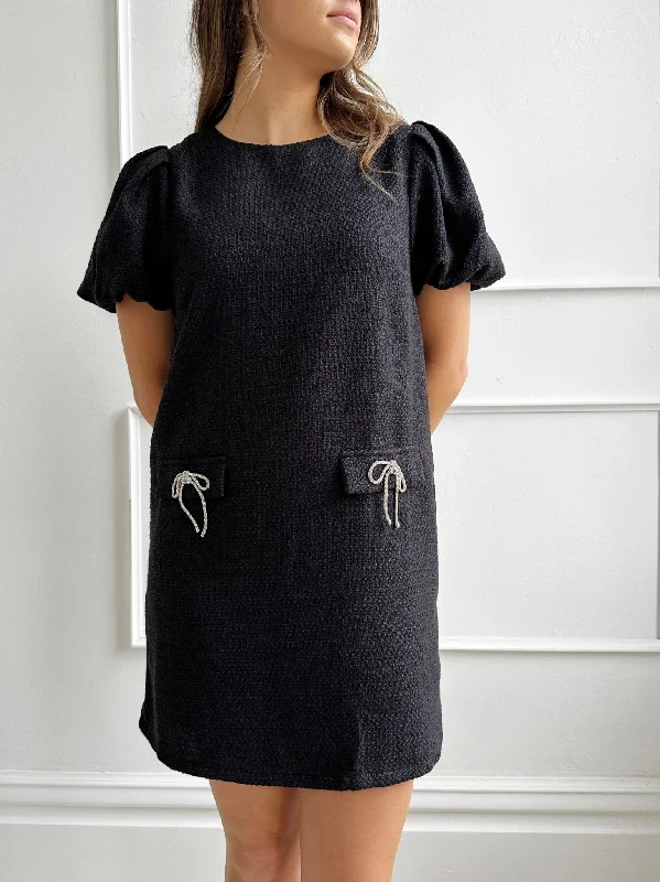 Textured Puff Sleeve Dress w/ Bows