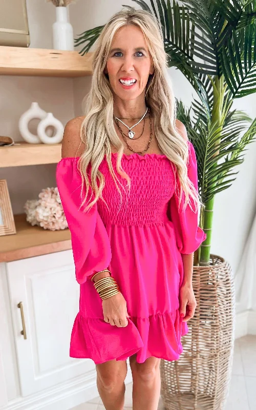 The Ultra Hot Pink 3/4 Sleeve Dress - Final Sale