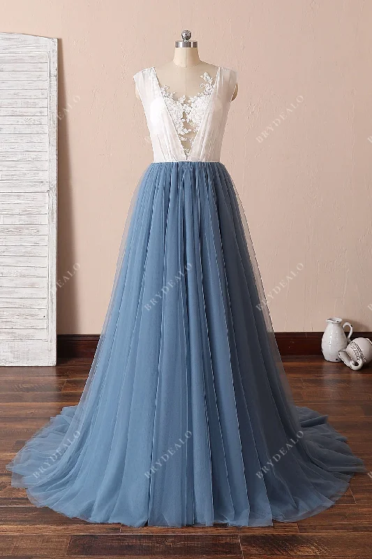 Two-Tone Destination Wedding Dress with Dusty Blue Tulle Skirt