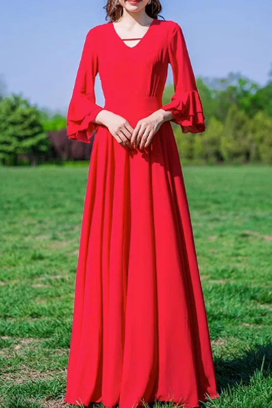 v neck red chiffon dress, prom bridesmaid dress 4467