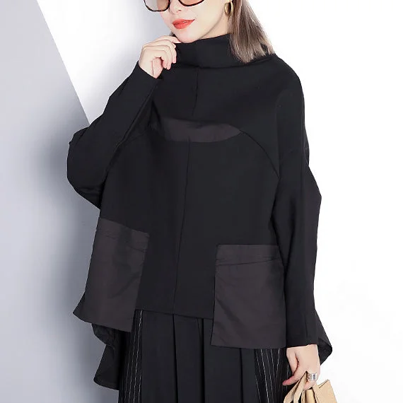 women black cotton blended blouse plus size Turtleneck pockets women batwing Sleeve patchwork cotton blended t shirt