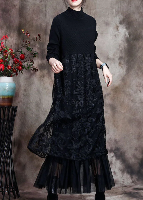 Women Black Knit Patchwork asymmetrical design Fall Knit Dress