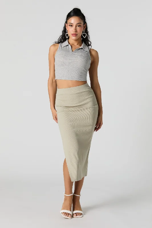 Ribbed Side Slit Midi Skirt