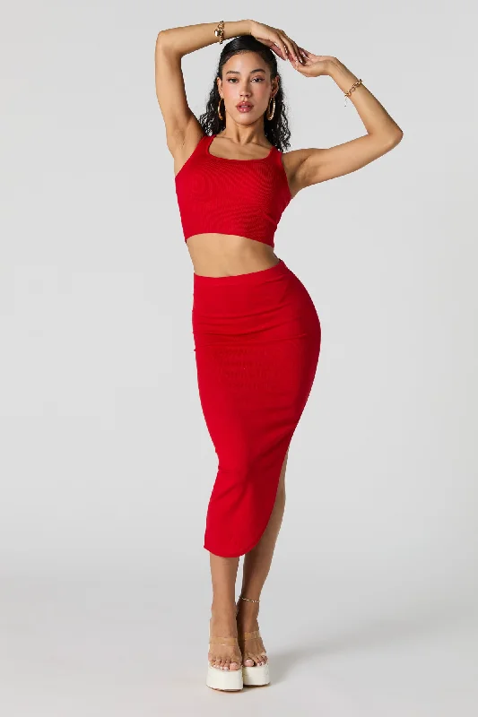 Ruched Bodycon Slit Midi Skirt