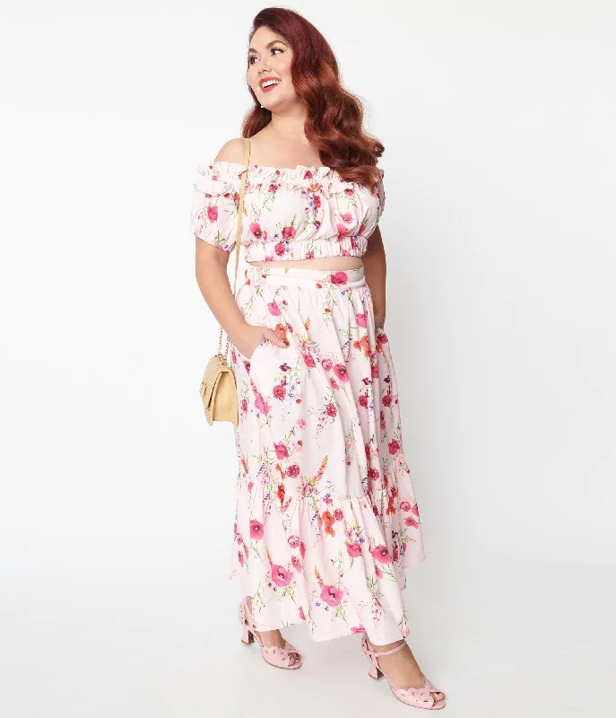 Unique Vintage Plus Size 1970s Light Pink Floral Tiered Midi Skirt