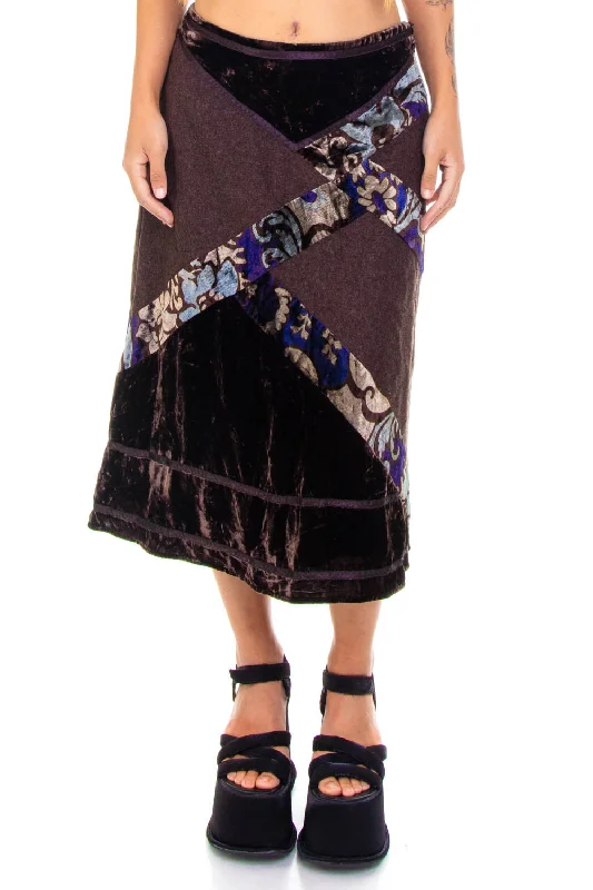 Vintage 90's Brown Velvet Wool Floral Midi Skirt - S